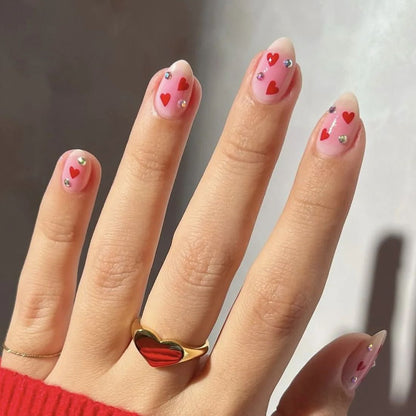 Red Love Heart French Nail Art - Cute Nude Pink Fake Nails