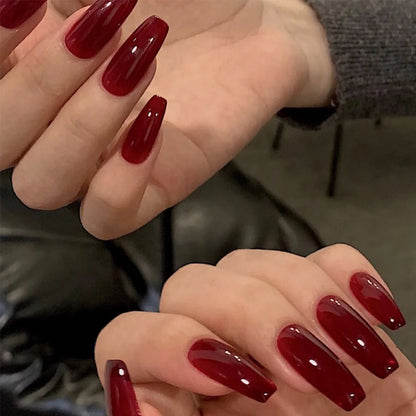 Red Black Gradient Coffin Press-On Nails - 24Pcs