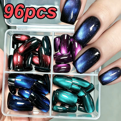 96pcs Short Square Glossy Cat Eye Press-On Nails Blue,Purple, Red,Green 4colors Cat Eye Fake Nails Set Full Cover Y2k False Nail