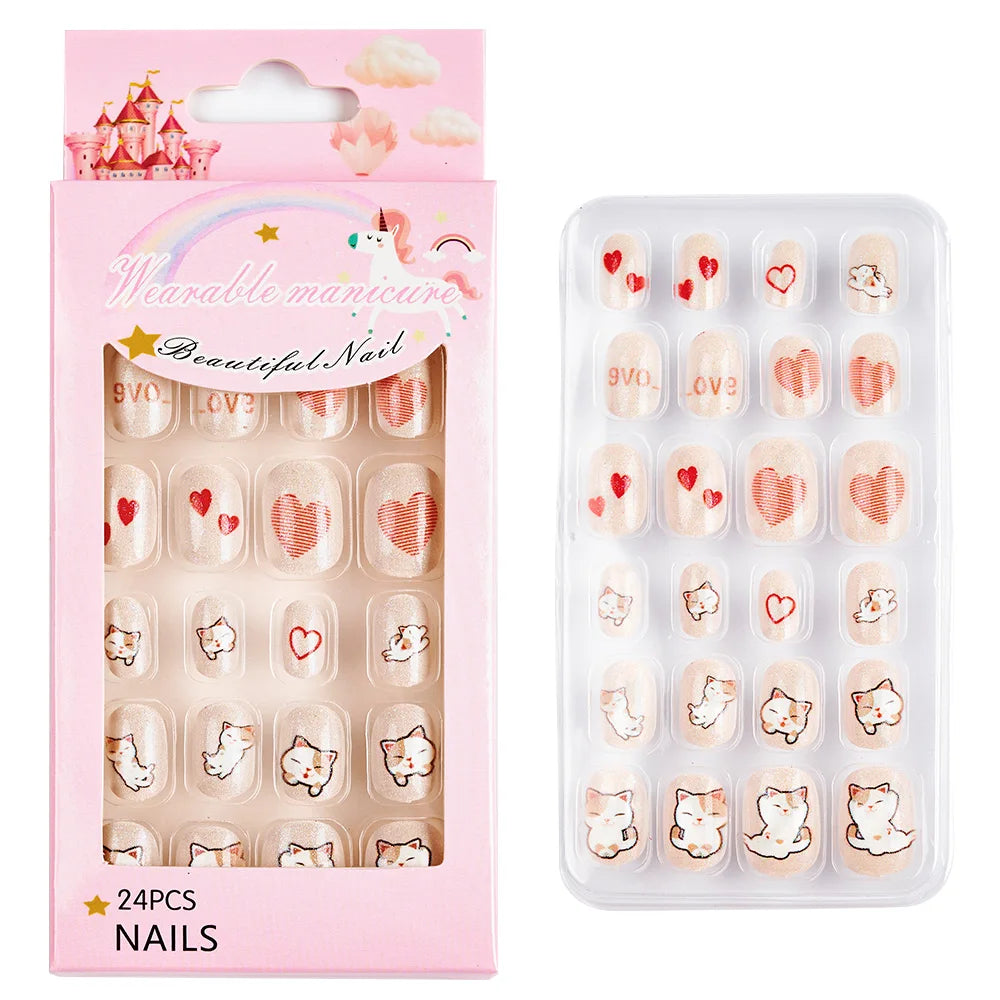 Fake Nails: Cartoon Kids Acrylic Nails - Cute Cat/Pig/Rainbow Set