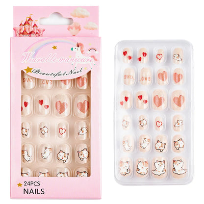 Fake Nails: Cartoon Kids Acrylic Nails - Cute Cat/Pig/Rainbow Set