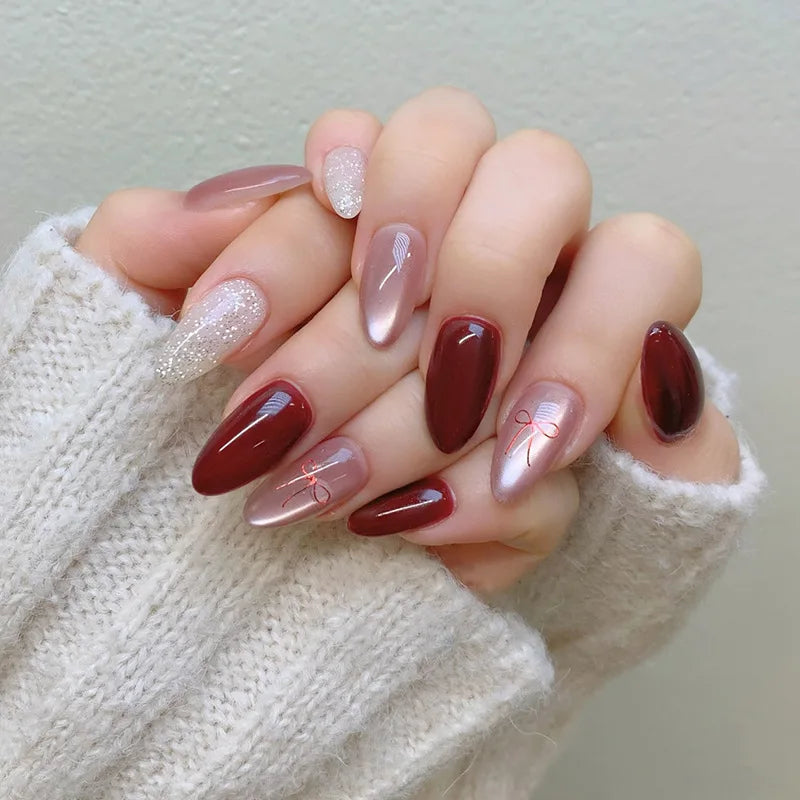 Press On Nails: Glossy Red Cat's Eye Press On Nails - 24pcs Almond Shape