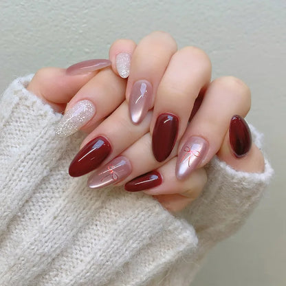 Press On Nails: Glossy Red Cat's Eye Press On Nails - 24pcs Almond Shape