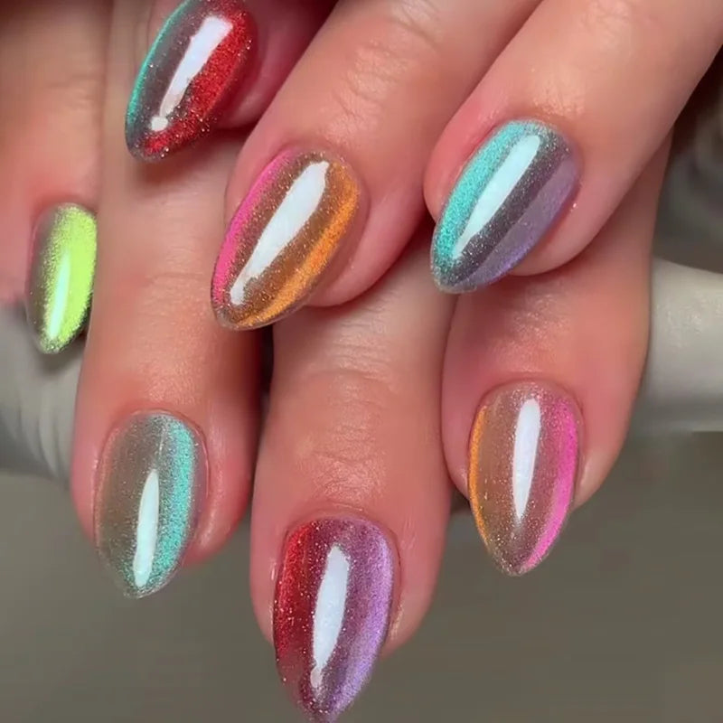 Press On Nails: Glossy Red Cat's Eye Press On Nails - 24pcs Almond Shape