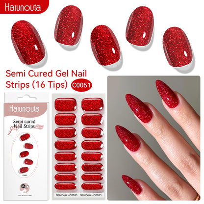 Gel Nail Polish Strips Red Series - 16 Semi-Cured Glitter Wraps