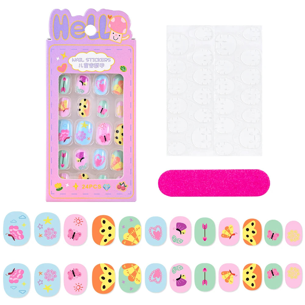 Fake Nails: Cartoon Kids Acrylic Nails - Cute Cat/Pig/Rainbow Set