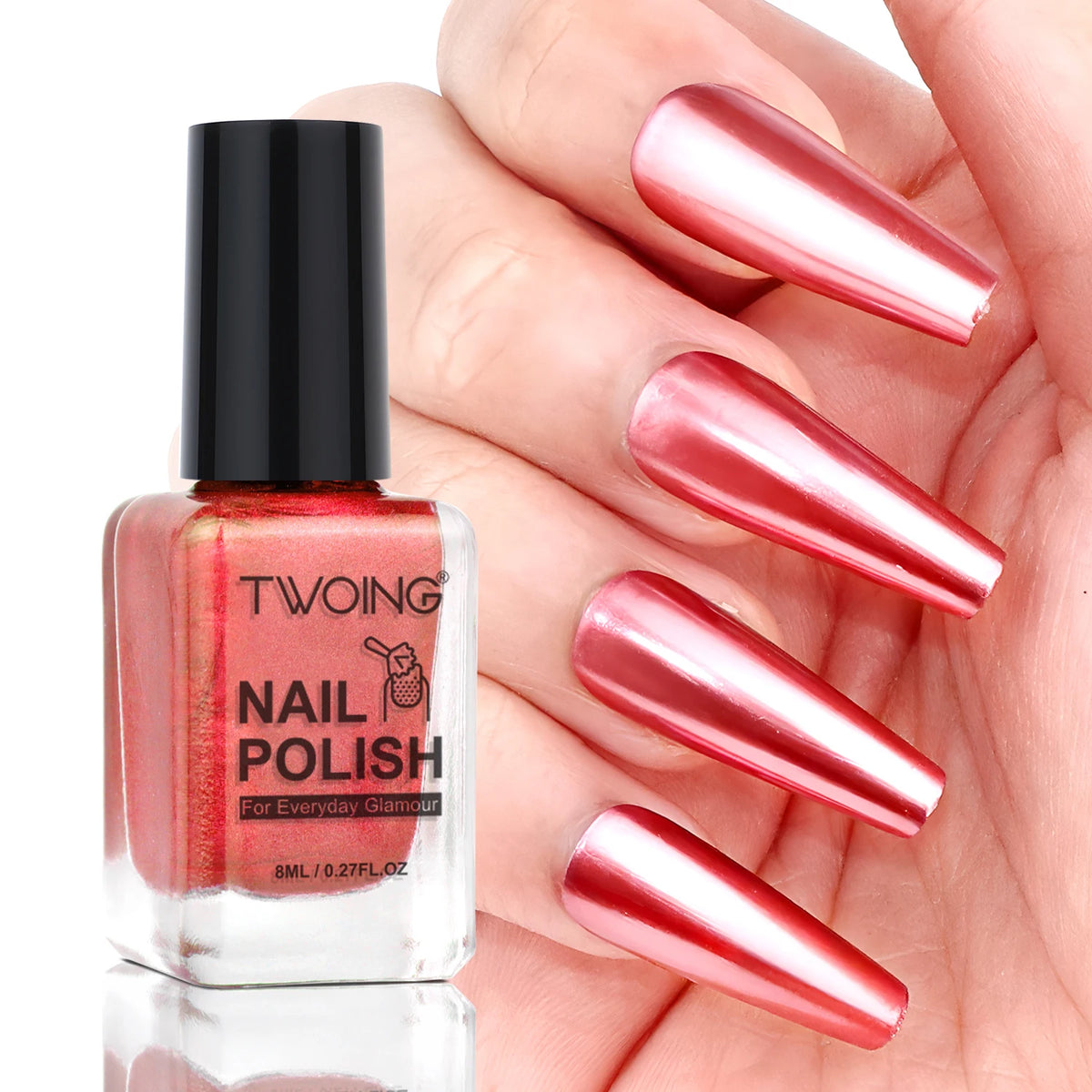 TWOING 8ml 9 Colors Metallic Mirror Nail Polish Set, Quick-Dry Chrome Nail Polish, Long-Lasting High Shine for DIY Manicure