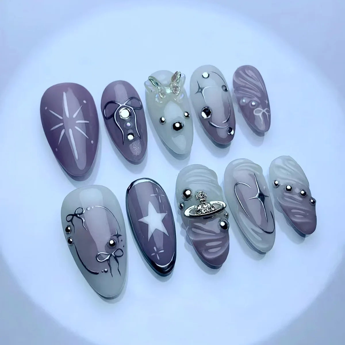 Black Y2K Long False Nails - 24Pcs Almond Cat's Eye Design