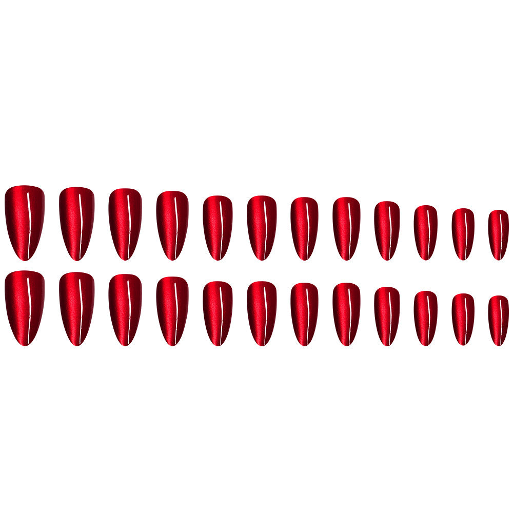Press On Nails: Glossy Red Cat's Eye Press On Nails - 24pcs Almond Shape