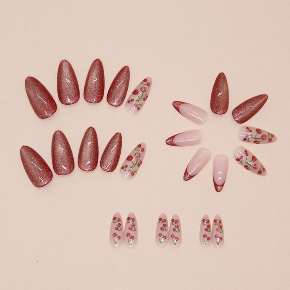 Long Almond False Nails - Cat's Eye Cherry French Tips