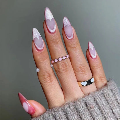 Red Love Heart French Nail Art - Cute Nude Pink Fake Nails