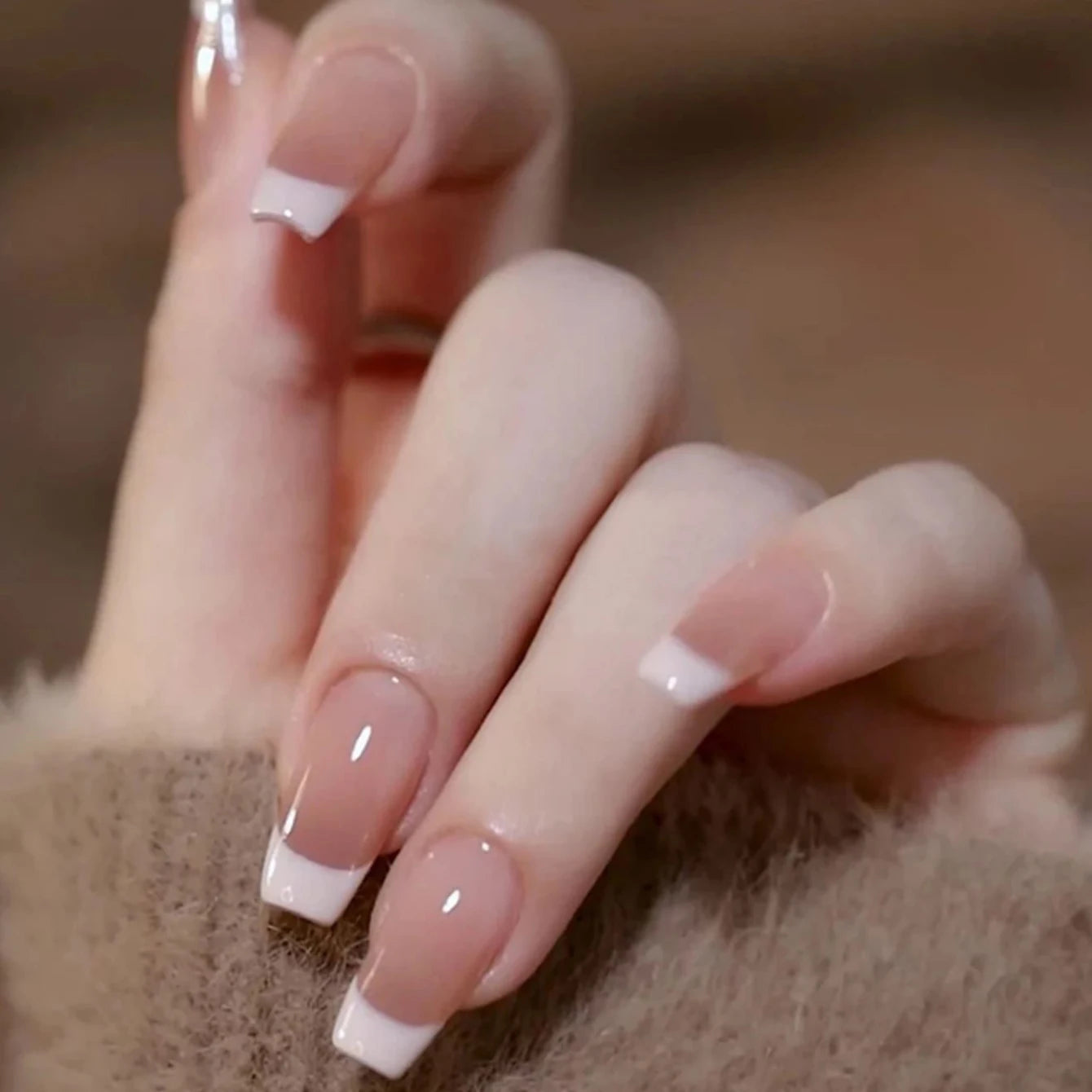 Short Square Fake Nails: Cute Bride Heart French Tips Set