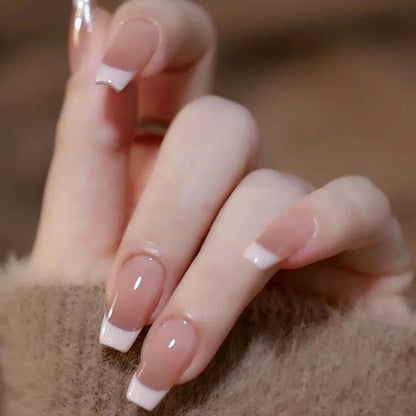 Short Square Fake Nails: Cute Bride Heart French Tips Set