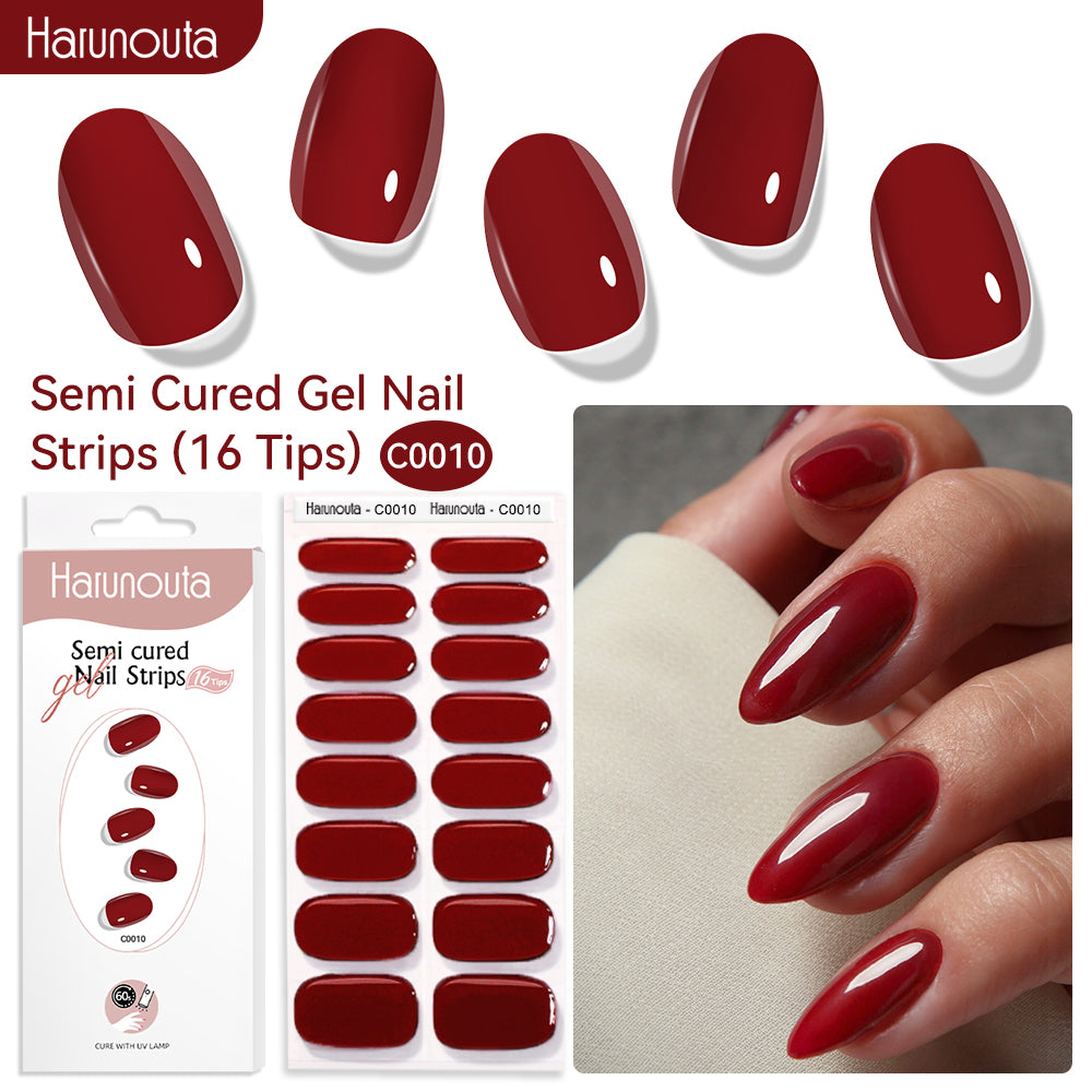 Gel Nail Polish Strips Red Series - 16 Semi-Cured Glitter Wraps