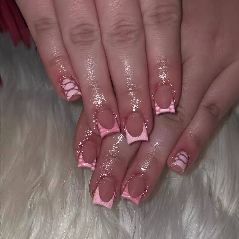 Press-On Nails: French Pink Short Square with Rhinestones