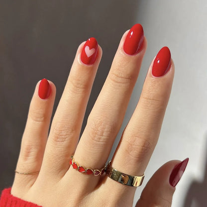 Red Love Heart French Nail Art - Cute Nude Pink Fake Nails