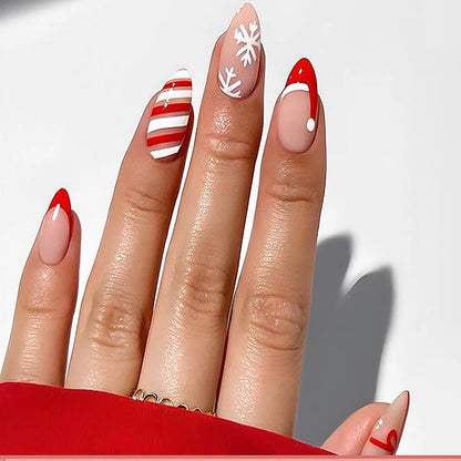 24pcs Red White French Line Christmas Sweet False Nails With Snowflake Rhinestone Starburst Design Pink Almond Press On Nails
