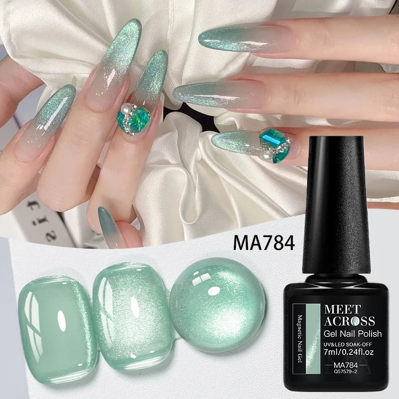 MEET ACROSS Guava & Grape Color Cat Magnetic Gel Green Glass Bead Cat Eye Gel Soak Off UV Gel Nail Art Varnish Salon Home DIY