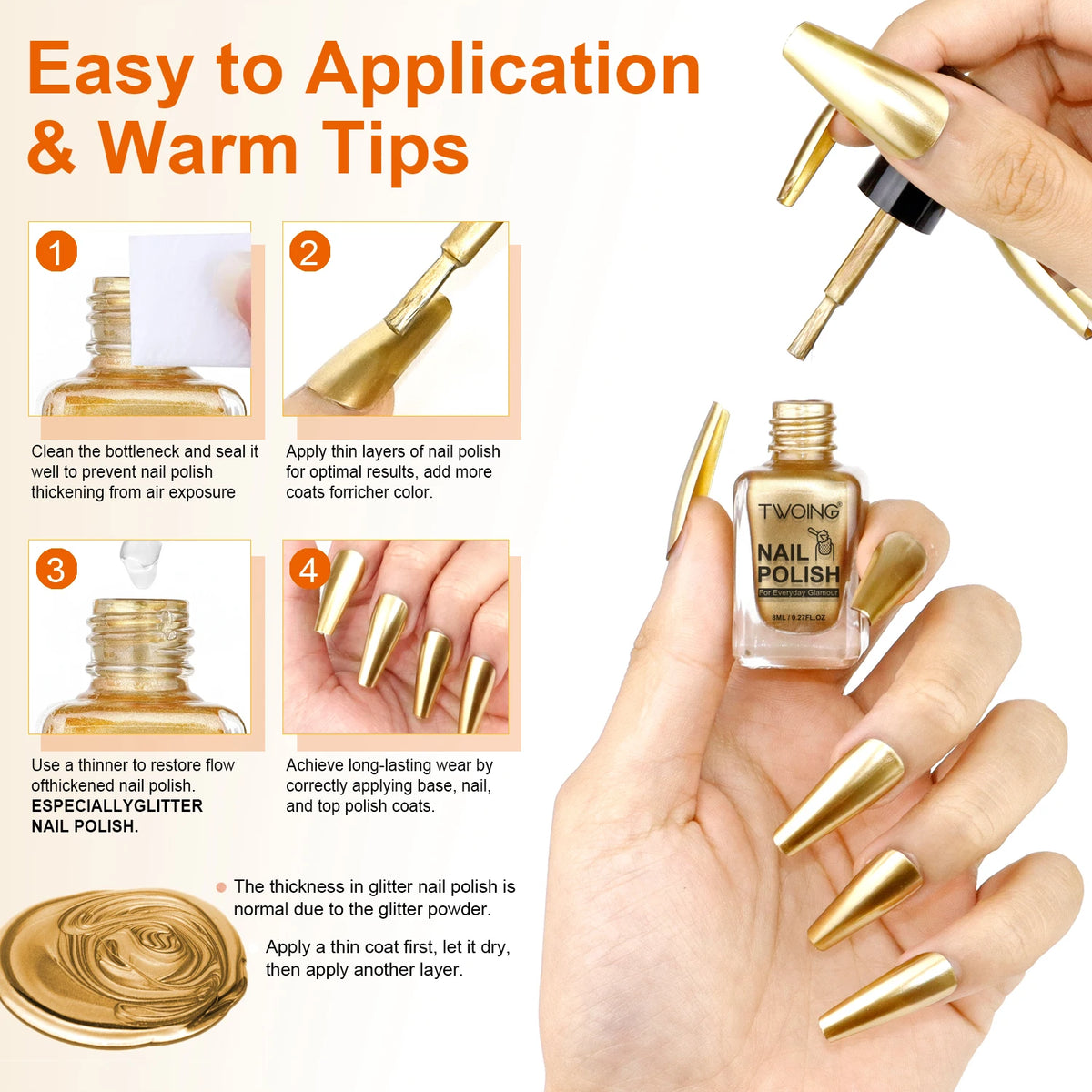 TWOING 8ml 9 Colors Metallic Mirror Nail Polish Set, Quick-Dry Chrome Nail Polish, Long-Lasting High Shine for DIY Manicure