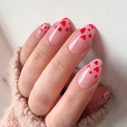 Red Love Heart French Nail Art - Cute Nude Pink Fake Nails