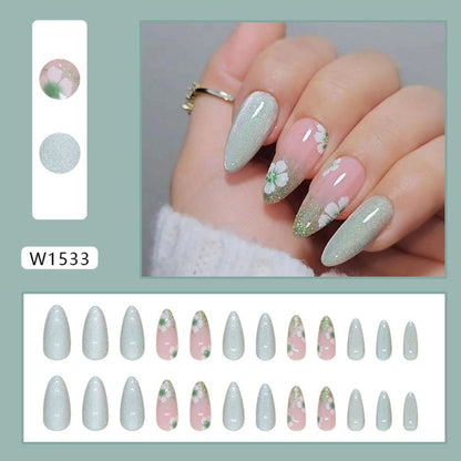 Long Almond False Nails - Cat's Eye Cherry French Tips