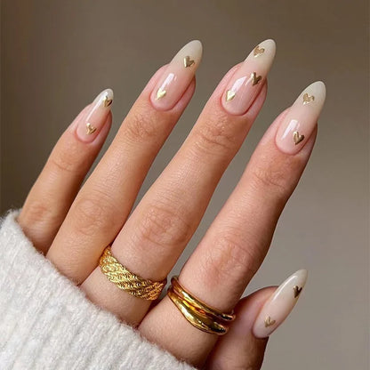 Red Love Heart French Nail Art - Cute Nude Pink Fake Nails
