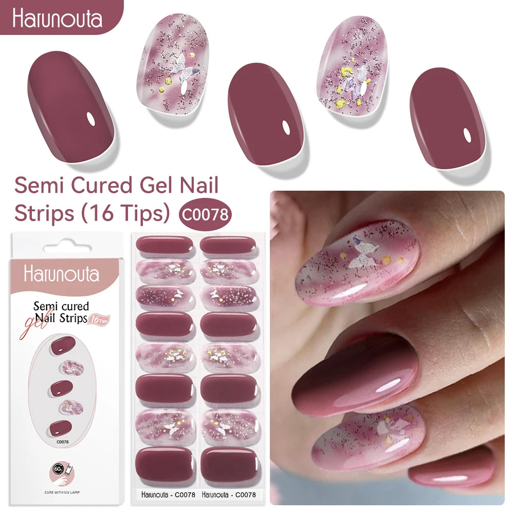 Gel Nail Polish Strips Red Series - 16 Semi-Cured Glitter Wraps