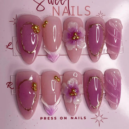 Black Y2K Long False Nails - 24Pcs Almond Cat's Eye Design