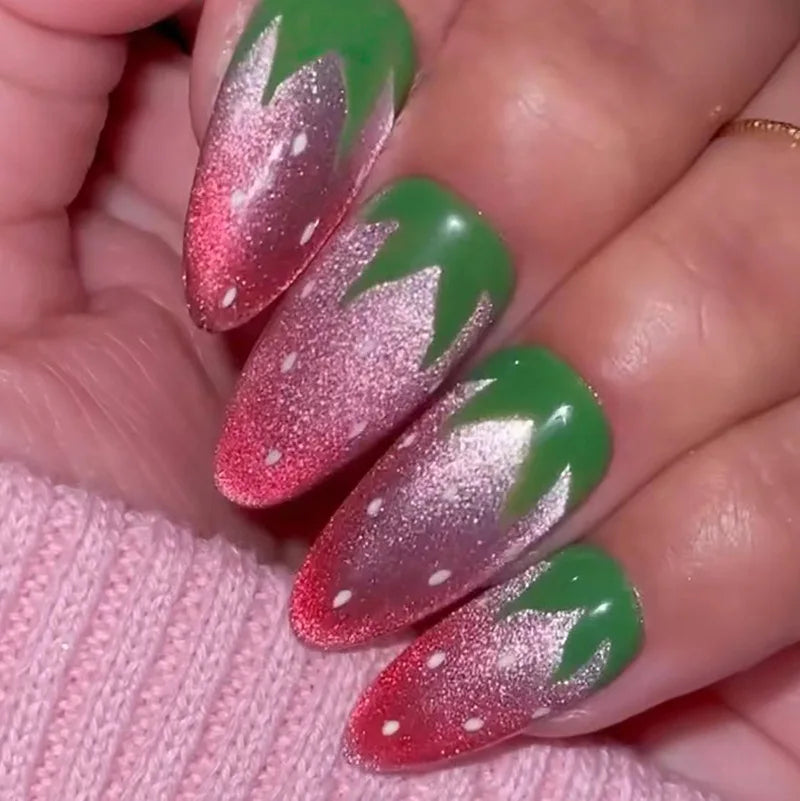 Press On Nails: Glossy Red Cat's Eye Press On Nails - 24pcs Almond Shape