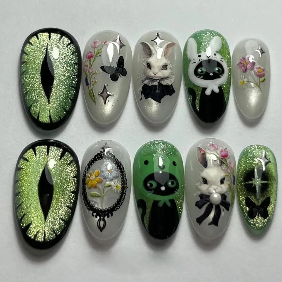 24pcs Flower Print Press on Nails Wine Red Blush Almond False Nail Tips Wearable Reusable Summer Spicy Girl Fake Nails