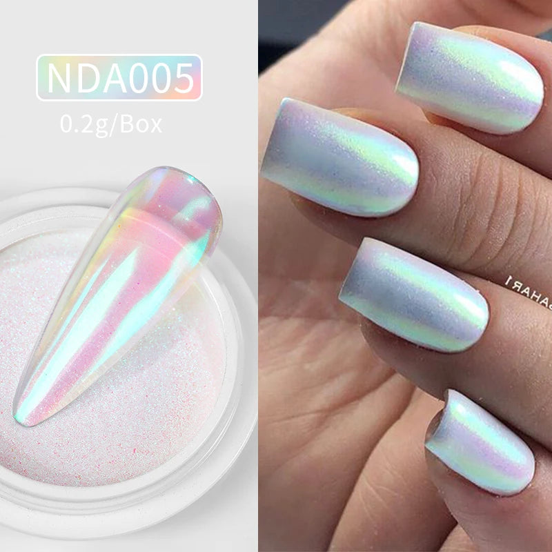 Dip Powder Nails: Bright White Pearl Nail Powder - Mirror Aurora Effect