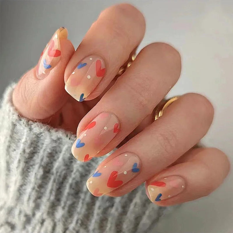 Red Love Heart French Nail Art - Cute Nude Pink Fake Nails