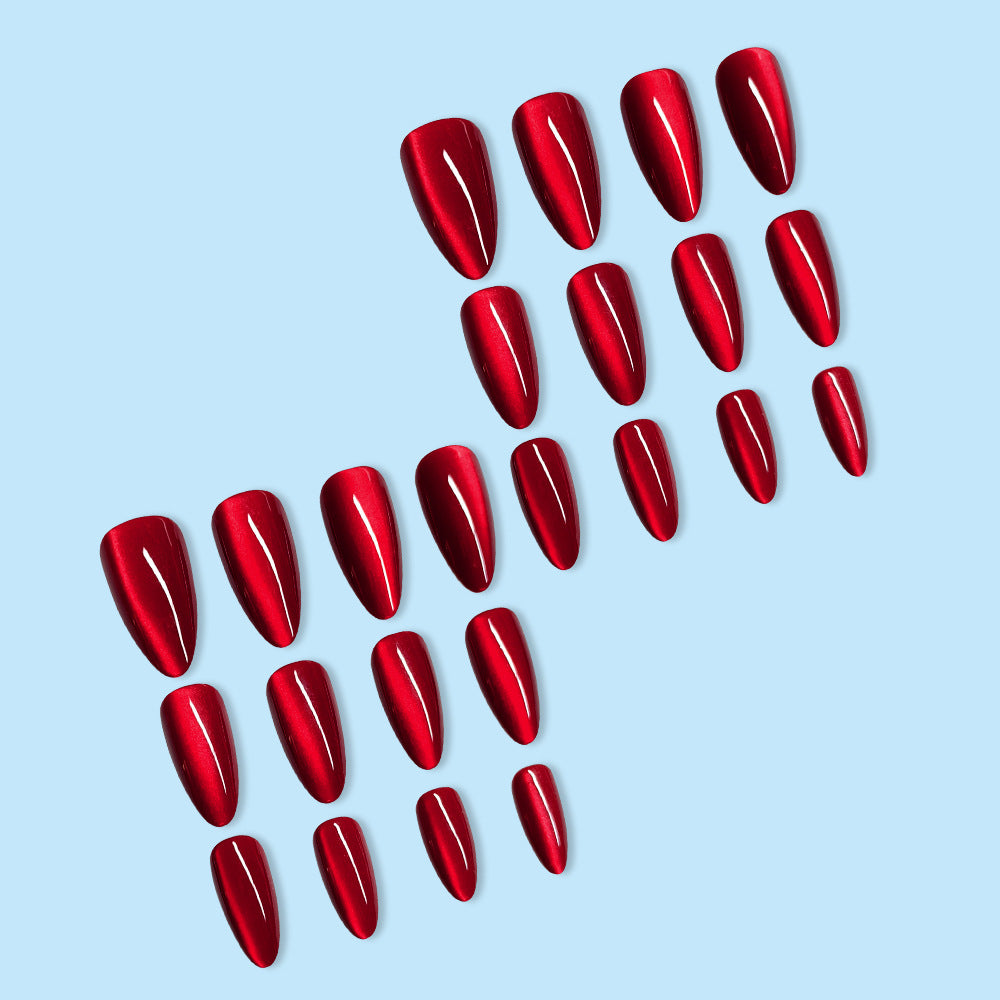 Press On Nails: Glossy Red Cat's Eye Press On Nails - 24pcs Almond Shape