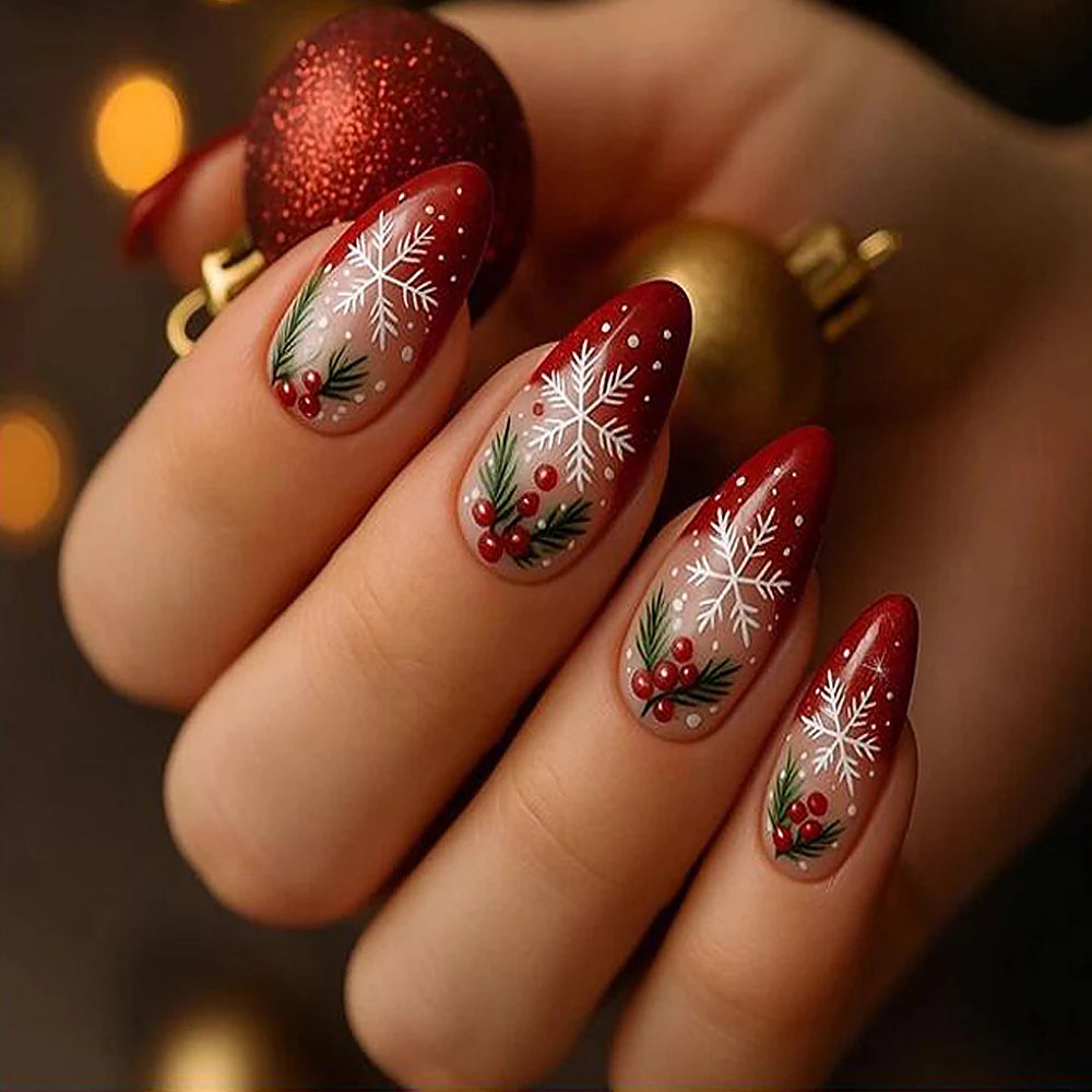 24pcs Red White French Line Christmas Sweet False Nails With Snowflake Rhinestone Starburst Design Pink Almond Press On Nails