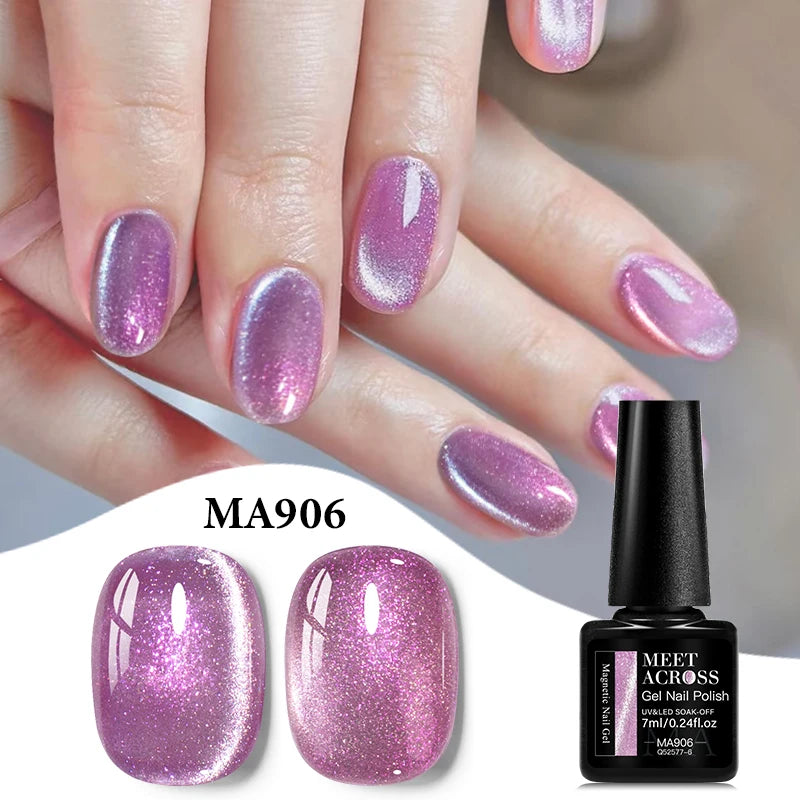MEET ACROSS Guava & Grape Color Cat Magnetic Gel Green Glass Bead Cat Eye Gel Soak Off UV Gel Nail Art Varnish Salon Home DIY