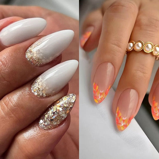 Pressed Nails -  Long Almond Gold Glitter French Tips