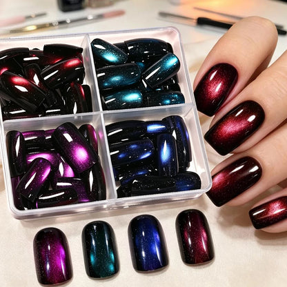 96pcs Short Square Glossy Cat Eye Press-On Nails Blue,Purple, Red,Green 4colors Cat Eye Fake Nails Set Full Cover Y2k False Nail
