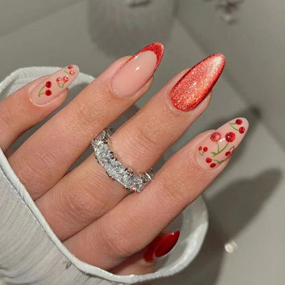 Long Almond False Nails - Cat's Eye Cherry French Tips