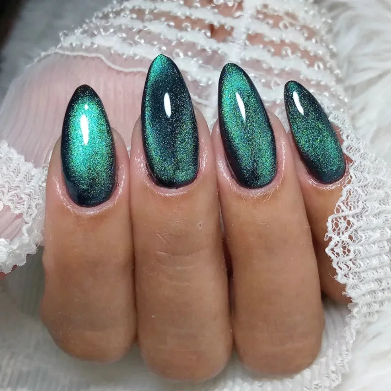 Press On Nails: Glossy Red Cat's Eye Press On Nails - 24pcs Almond Shape
