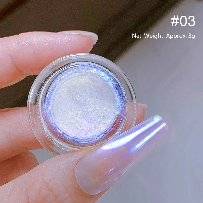 Dip Powder Nails: Bright White Pearl Nail Powder - Mirror Aurora Effect