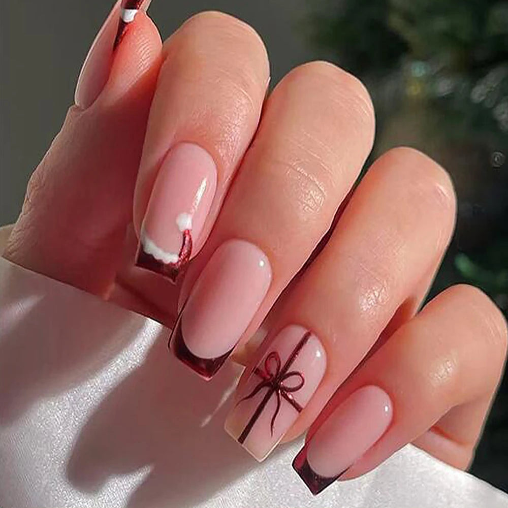 24pcs Red White French Line Christmas Sweet False Nails With Snowflake Rhinestone Starburst Design Pink Almond Press On Nails