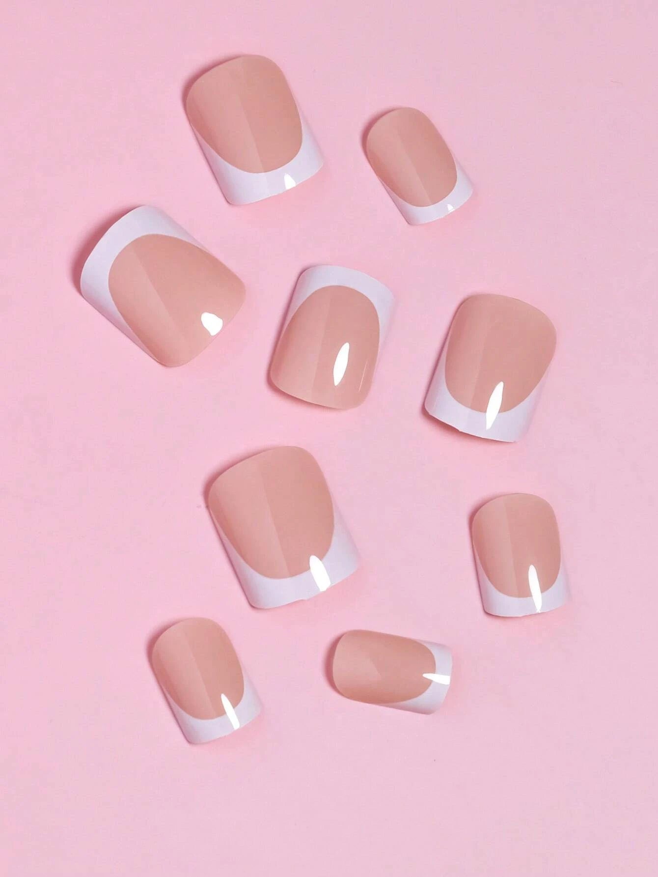 Short Square Fake Nails: Cute Bride Heart French Tips Set