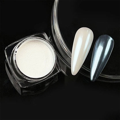 Dip Powder Nails: Bright White Pearl Nail Powder - Mirror Aurora Effect