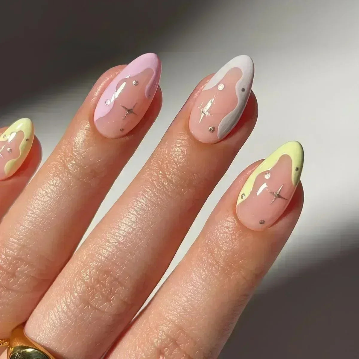 Fake Nails Almond 24Pcs - White Edge, Pink Stiletto