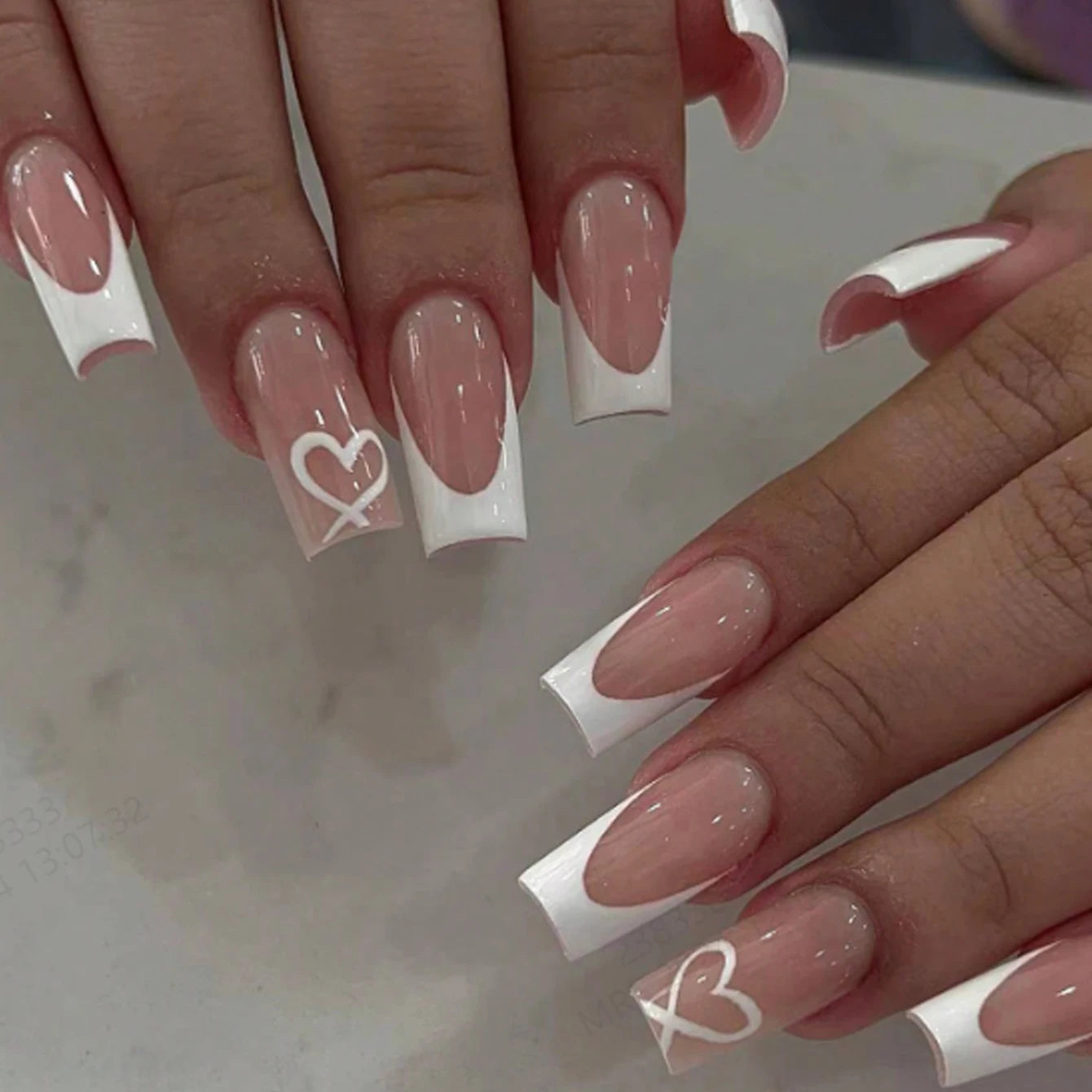 Short Square Fake Nails: Cute Bride Heart French Tips Set