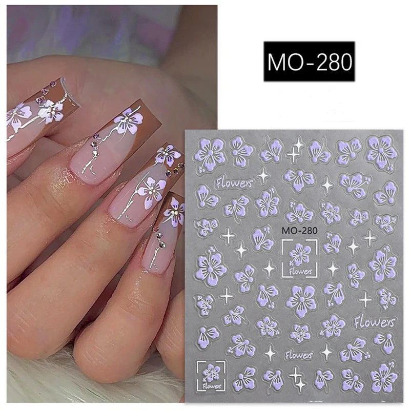 5D Embossed Nail Art Decals Elegant Petals Florals Daisy Flowers Leaves Adhesive Sliders Stickers For Manicure Tips Decoration