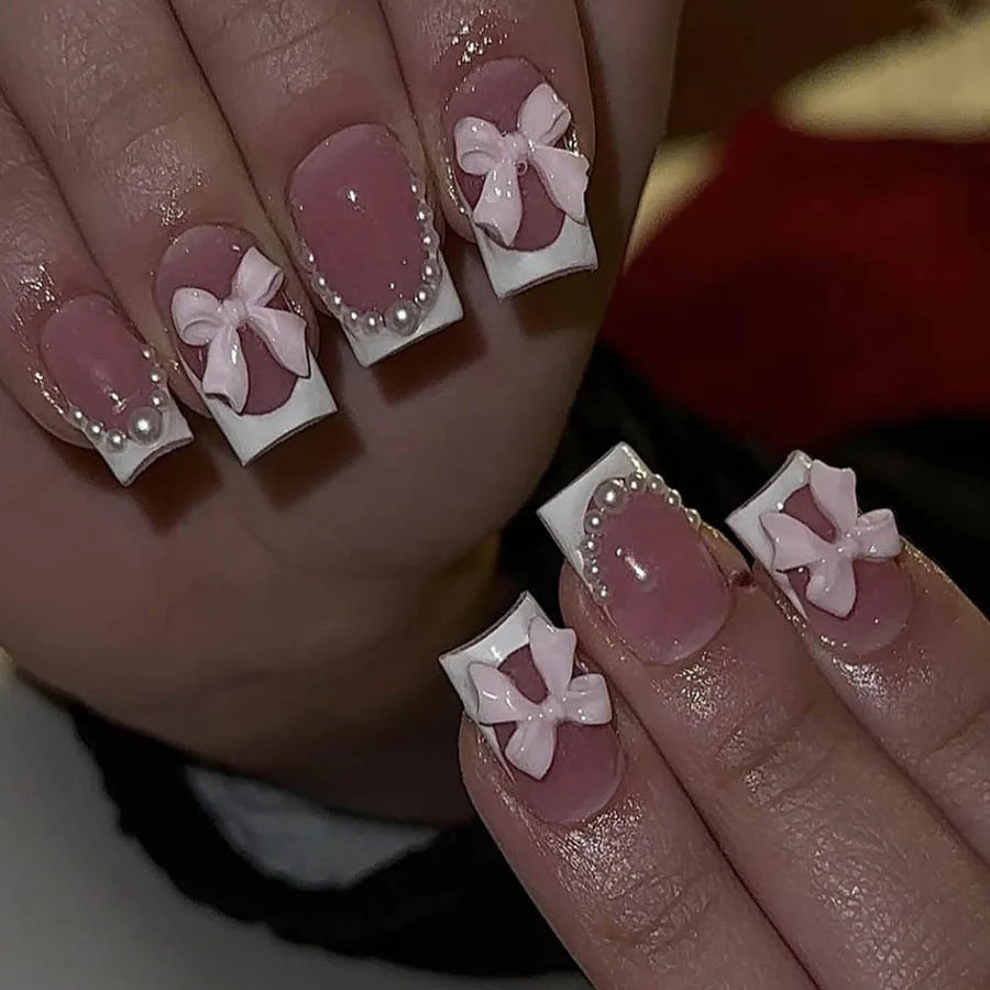 Press-On Nails: French Pink Short Square with Rhinestones
