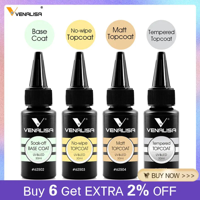 Venalisa Refillment 30ml TPO FREE Nail Art Soak Off UV/LED No Wipe Top Coat Base Coat Builder Nail Gel Matt Tempered TopCoat