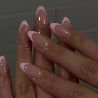 Fake Nails Almond 24Pcs - White Edge, Pink Stiletto