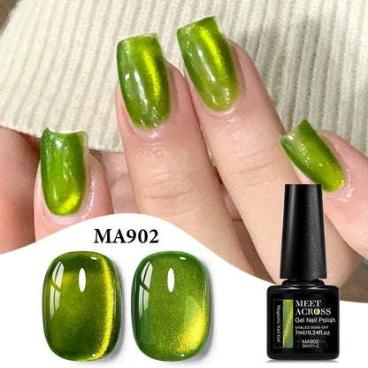 MEET ACROSS Guava & Grape Color Cat Magnetic Gel Green Glass Bead Cat Eye Gel Soak Off UV Gel Nail Art Varnish Salon Home DIY